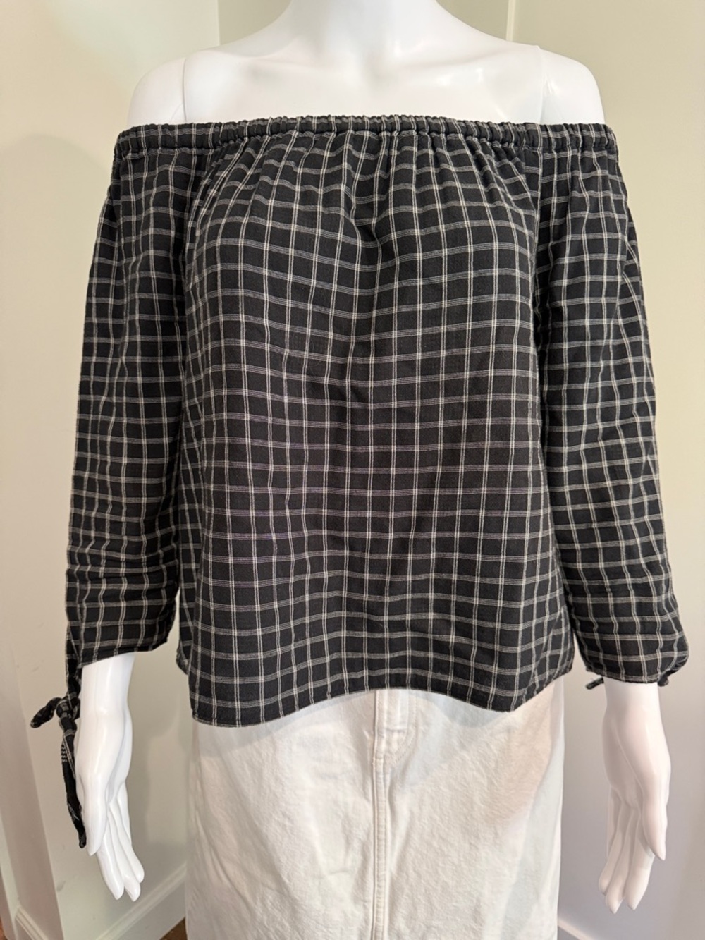 Madewell Black & White Plaid Off-Shoulder Blouse